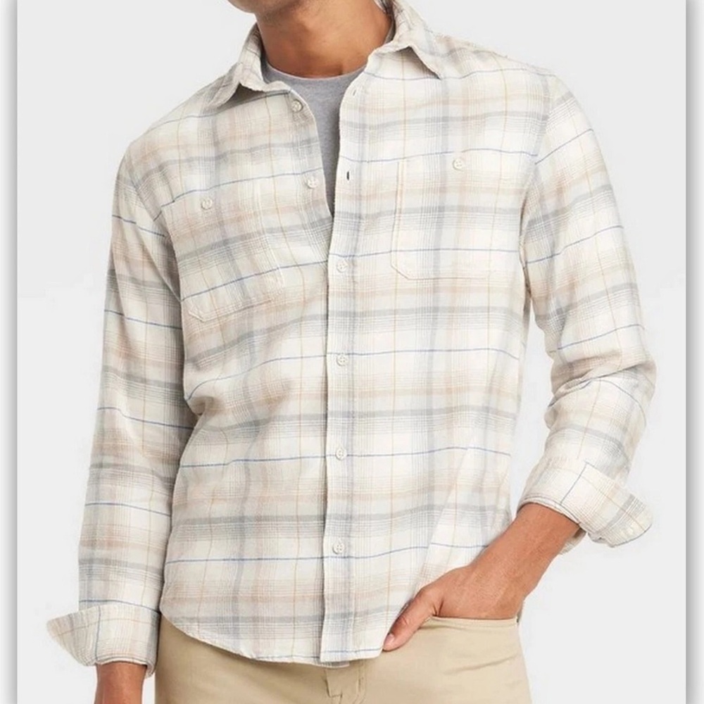 💟Mens Mid-Weight Flannel Long Sleeve Button-Down Shirt Goodfellow OffWhite Plaid